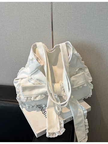 Sac à Épaule en Toile pour Femmes Avec Nœud et Dentelle Grande Capacité Sac Fourre-tout Décontracté Main Esthétique Quotidien