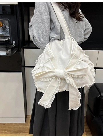 Sac à Épaule en Toile pour Femmes Avec Nœud et Dentelle Grande Capacité Sac Fourre-tout Décontracté Main Esthétique Quotidien