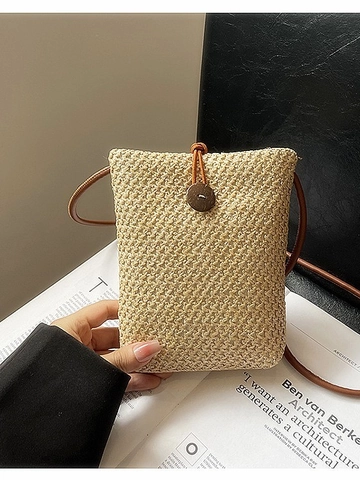 Women Summer Straw Woven Mini Shoulder Bag Rainbow Stripe Crossbody Phone Bag Handmade Small Square Bag Wood Button Closure