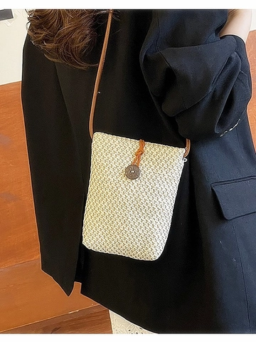 Women Summer Straw Woven Mini Shoulder Bag Rainbow Stripe Crossbody Phone Bag Handmade Small Square Bag Wood Button Closure