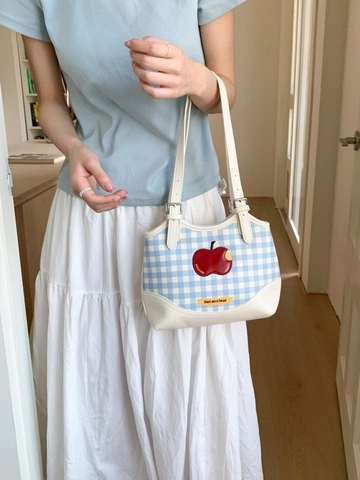 Vintage Dames Gingham Tote Tas Rode Appel Borduurpatch Canvas PU Leer Onderarm Schoudertas College Stijl Handtas