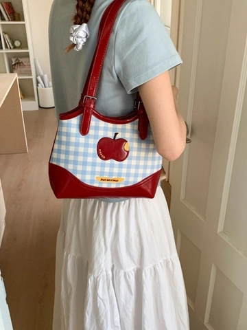 Vintage Dames Gingham Tote Tas Rode Appel Borduurpatch Canvas PU Leer Onderarm Schoudertas College Stijl Handtas