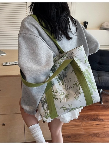 Borsa Tote in Tela di Grande Capacità Con Stampa di Bambù Stile Cinese Artistico Borsa a Tracolla Casual Donna Borsa da Shopping Versatile