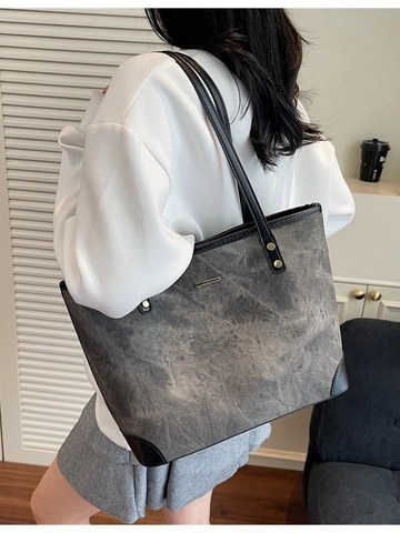 Vintage Marble Texture Large Capacity PU Leather Tote Bag For Women Contrast Color Minimalist Commuter Shoulder Bag Gold Hardware Decor