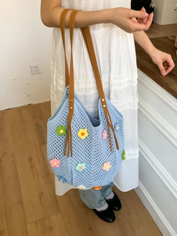 Women Slouchy Hand Woven Crochet Tote Bag With 3D Flower Decoration Large Capacity Hollow Shoulder Bag For Vacation Daily