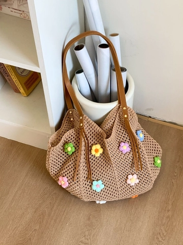 Women Slouchy Hand Woven Crochet Tote Bag With 3D Flower Decoration Large Capacity Hollow Shoulder Bag For Vacation Daily