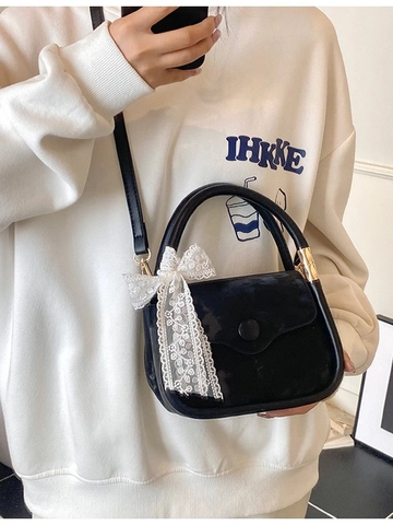 Fashion PU Leather Small Square Bag For Women With Lace Bow Sweet Korean Style Handheld Crossbody Shoulder Bag Daily Use