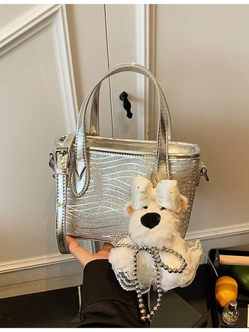 Women Fashion Silver Glitter PU Tote Bag With Wave Pattern And Plush Dog Charm Shoulder Crossbody Bag For Daily Party Fashion Accessory
