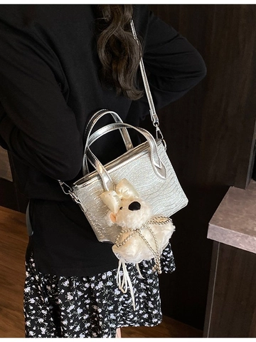 Women Fashion Silver Glitter PU Tote Bag With Wave Pattern And Plush Dog Charm Shoulder Crossbody Bag For Daily Party Fashion Accessory