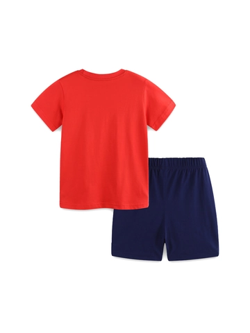 Ensemble Décontracté Garçon Manches Courtes Coton T-Shirt Rouge Imprimé Crocodile Et Short Bleu Foncé Vêtements Été Enfants