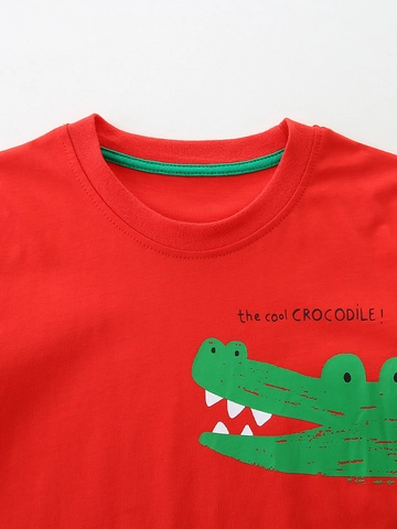 Ensemble Décontracté Garçon Manches Courtes Coton T-Shirt Rouge Imprimé Crocodile Et Short Bleu Foncé Vêtements Été Enfants