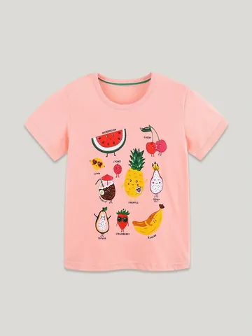 Maglietta in Cotone 100% con Stampa Frutta per Bambine Manica Corta Girocollo Estate Casual Rosa Morbido Traspirante