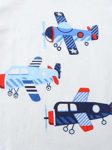 Boys Summer Cotton Clothing Set European Style Cartoon Airplane Printed White Round Neck T-Shirt And Black Shorts Outfit