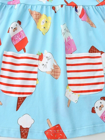 Girls Summer Short Sleeve Dress Cute Cartoon Ice Cream Animal Print Cotton Round Neck Princess Dress With Pockets