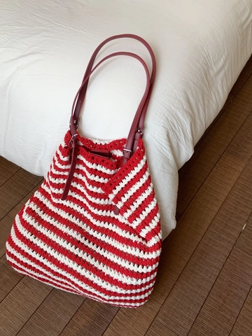 Women Knit Striped Crochet Tote Bag Large Capacity Hollow Out Woven Beach Shoulder Bag With Adjustable Strap Casual Travel Handbag