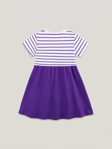 Robe de Princesse en Coton pour Fille Rayée Violet Blanc Manches Courtes Robe d'Été avec Broderie d'Animaux Mignons