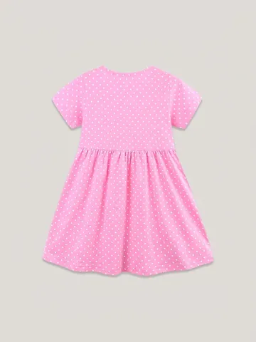 Girls Summer Cotton Pink Polka Dot Dress Animal Embroidery Princess Party Short Sleeve Cute Casual Dresses For Kids