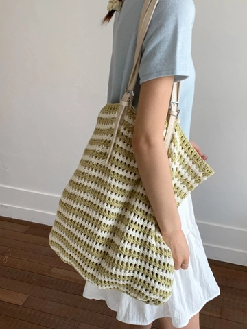 Women Knit Striped Crochet Tote Bag Large Capacity Hollow Out Woven Beach Shoulder Bag With Adjustable Strap Casual Travel Handbag