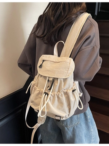 Women Pleated Drawstring Nylon Backpack Large Capacity Fashion Student School Bag Casual Travel Rucksack Waterproof Daypack