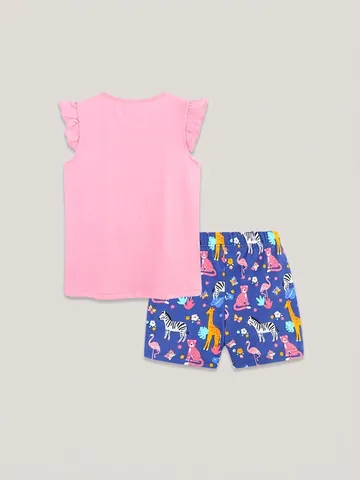 Ensemble de Vêtements d'Été en Tricot de Coton pour Filles Haut Rose à Manches Papillon Imprimé Lion et Short à Motifs Animaux
