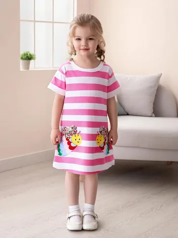 Abito a Righe in Cotone Estivo da Ragazza Simpatico Cartone Animato Ape Farfalla Ricamato Patchwork Principessa Quotidiano Casual Vestiti per Bambini
