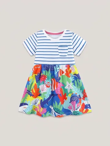 Robe d'été en Coton à Rayures pour Filles Avec Imprimé Vie Marine Thème Mer Manches Courtes Robe de Princesse Décontractée