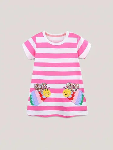 Abito a Righe in Cotone Estivo da Ragazza Simpatico Cartone Animato Ape Farfalla Ricamato Patchwork Principessa Quotidiano Casual Vestiti per Bambini