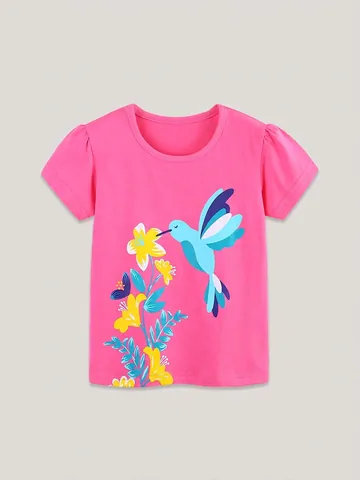 Γυναικείο Βαμβακερό T-Shirt με Τύπωμα Κολίμπρι και Λουλούδια Κοντό Φουσκωτό Μανίκι Στρογγυλή Λαιμόκοψη Καλοκαιρινό Top