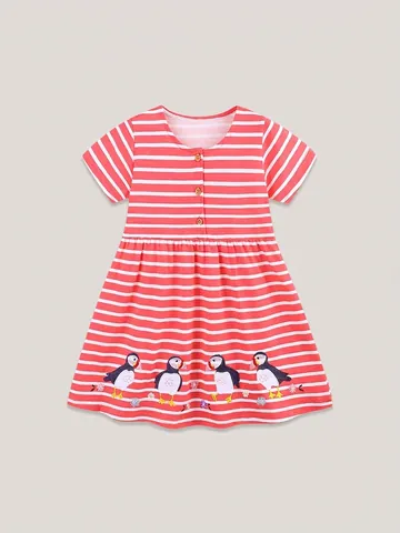 Kleinkind Mädchen Kurzarm Gestreiftes Kleid Baumwolle Prinzessin A-Linie Sommerkleid Mit Tier Puffin Stickerei Holzknöpfe Sommer Kleidung