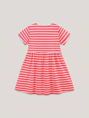 Kleinkind Mädchen Kurzarm Gestreiftes Kleid Baumwolle Prinzessin A-Linie Sommerkleid Mit Tier Puffin Stickerei Holzknöpfe Sommer Kleidung