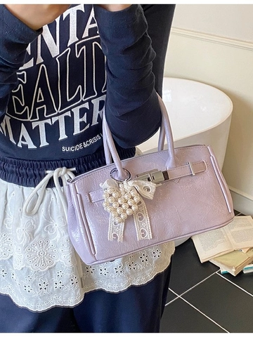 Elegant Women Crinkled PU Leather Handbag With Artificial Pearl Lace Bowknot Small Square Shoulder Crossbody Bag For Daily Party