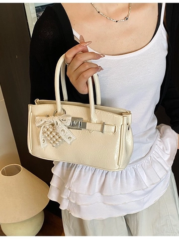 Elegant Women Crinkled PU Leather Handbag With Artificial Pearl Lace Bowknot Small Square Shoulder Crossbody Bag For Daily Party
