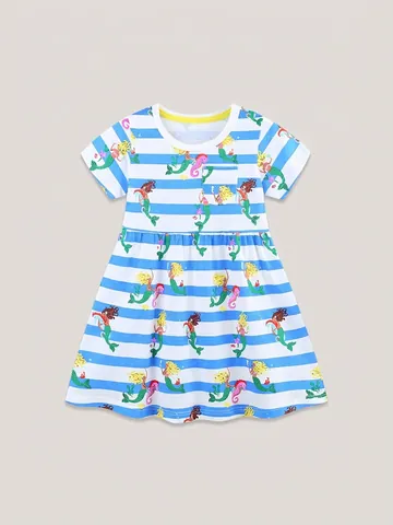 Vestito da Bambina con Stampa Sirena in Cotone a Righe Blu e Bianche Estivo a Maniche Corte Linea A per Feste
