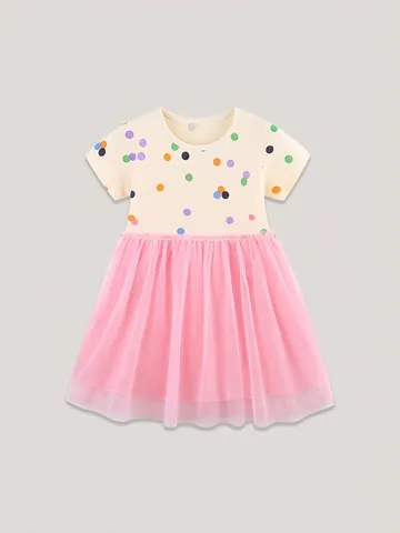 Girls Summer Polka Dot Mesh Princess Dress Short Sleeve Cotton Tutu Dress For Toddler Kids Sweet Party Dress