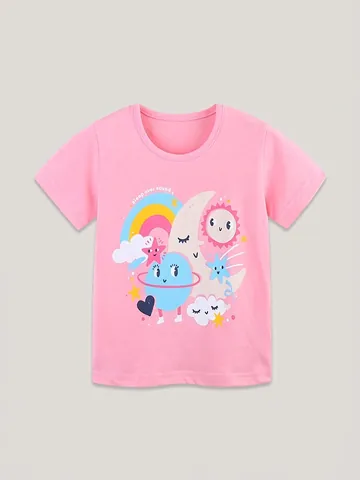 Γυναικείο Βαμβακερό T-Shirt Καλοκαίρι Κοντό Μανίκι Στρογγυλή Λαιμόκοψη Καρτούν Ουράνια Εκτύπωση Ροζ Casual