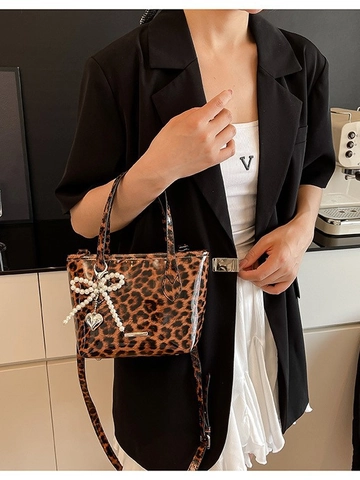 Borsa a Spalla da Donna con Stampa Leopardata in Pelle PU Borsa a Mano Quadrata con Fiocco di Perle Artificiali