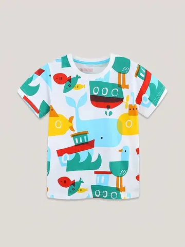 Jungen Baumwolle Kurzarm T-Shirt Cartoon Ozean Wal Boot Druck Rundhals Sommer Lässig Kinder Weich Atmungsaktiv Top