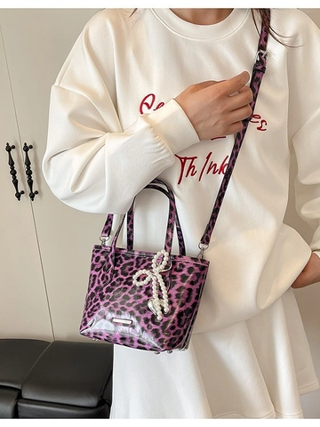 Borsa a Spalla da Donna con Stampa Leopardata in Pelle PU Borsa a Mano Quadrata con Fiocco di Perle Artificiali