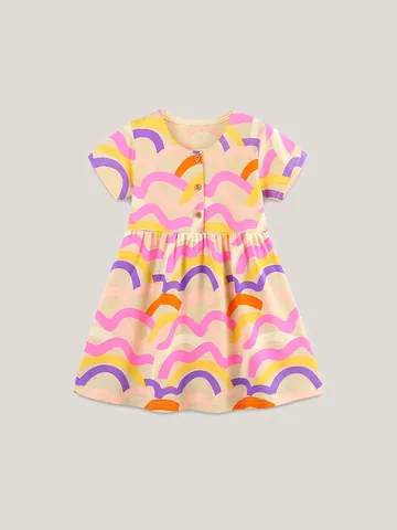 Mädchen Lässig Kurzarm Gestrickte Baumwolle Prinzessinnenkleid Mit Buntem Regenbogen Wellendruck Rundhals Sommer Party Kleidung