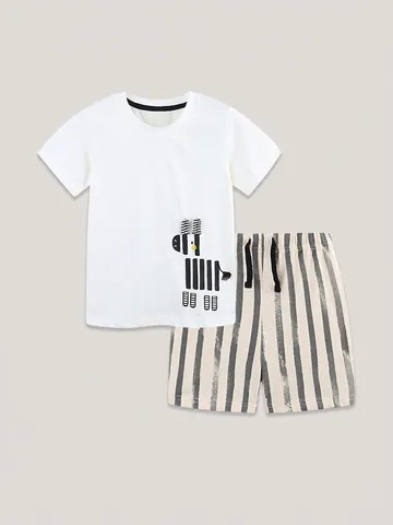 Boys Summer Short Sleeve Clothing Set Cotton Cartoon Zebra Printed T-Shirt And Striped Shorts Casual Two-Piece Kids Outfit