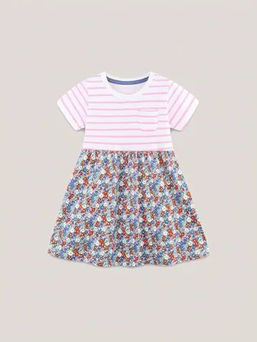 Robe Patchwork à Manches Courtes pour Filles Été 100% Coton Haut Rayé Rose Blanc Jupe Florale Robe de Princesse Enfant