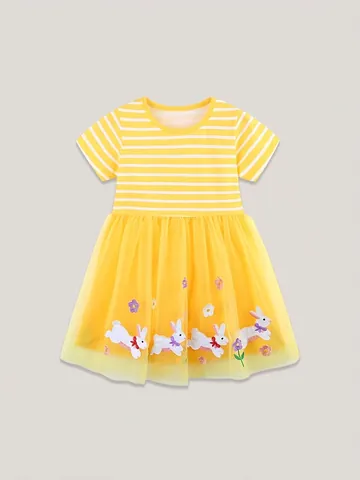 Girls Summer Striped Mesh Princess Dress Cute Rabbit Flower Embroidery Short Sleeve Pullover Tutu Dress For Kids 2-7Y