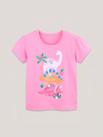 Maglietta da Bambina Con Stampa di Dinosauro Maniche Corte in Cotone Girocollo Rosa Top Estivo Casual per Bambini