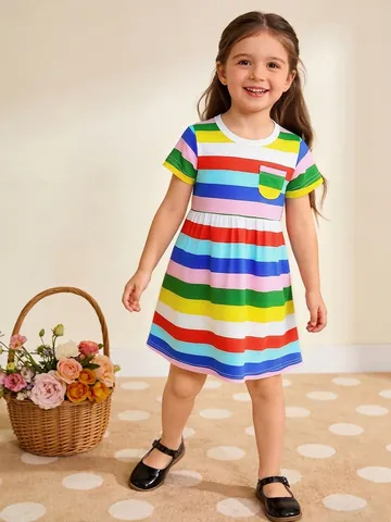 Little Girls Cotton Short Sleeve Rainbow Striped Dress Western Fashion Contrast Pocket Princess Skirt Summer Casual Clothing