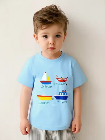 T-Shirt en Coton à Manches Courtes pour Garçons Haut d'Été Décontracté à Col Rond avec Imprimé Voilier pour Enfants