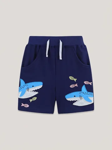 Jongens Zomer Gebreide Katoenen Shorts Cartoon Haai Geborduurd Elastische Taille Casual Sport Shorts Marineblauw Kind Broek