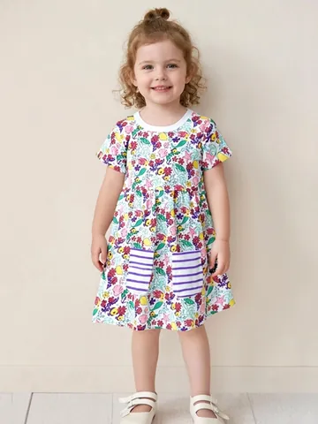 Vestito da Principessa in Cotone Estivo per Ragazze Carina Sirena Stampa Floreale Manica Corta Bambini Girocollo Abito Casual