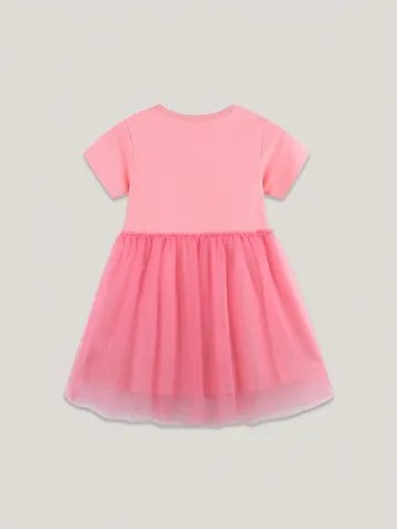 Toddler Girls Short Sleeve Pink Unicorn Embroidery Mesh Princess Dress Summer Cotton Knit Patchwork Party Dress For Children