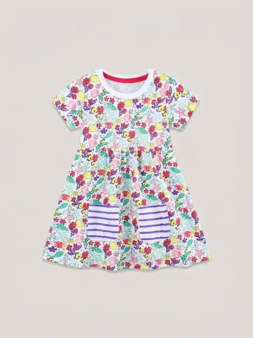 Vestito da Principessa in Cotone Estivo per Ragazze Carina Sirena Stampa Floreale Manica Corta Bambini Girocollo Abito Casual