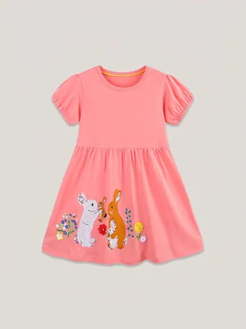 Meisjes Zomer Katoenen Jurk Korte Mouw Konijn Bloemen Borduurwerk Prinses Feestjurk Zoet Roze Kleding Voor Kinderen